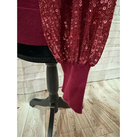 CeCe Burgundy Mock Neck Sequin Sleeve Knit Top Blouse - Picture 5 of 11